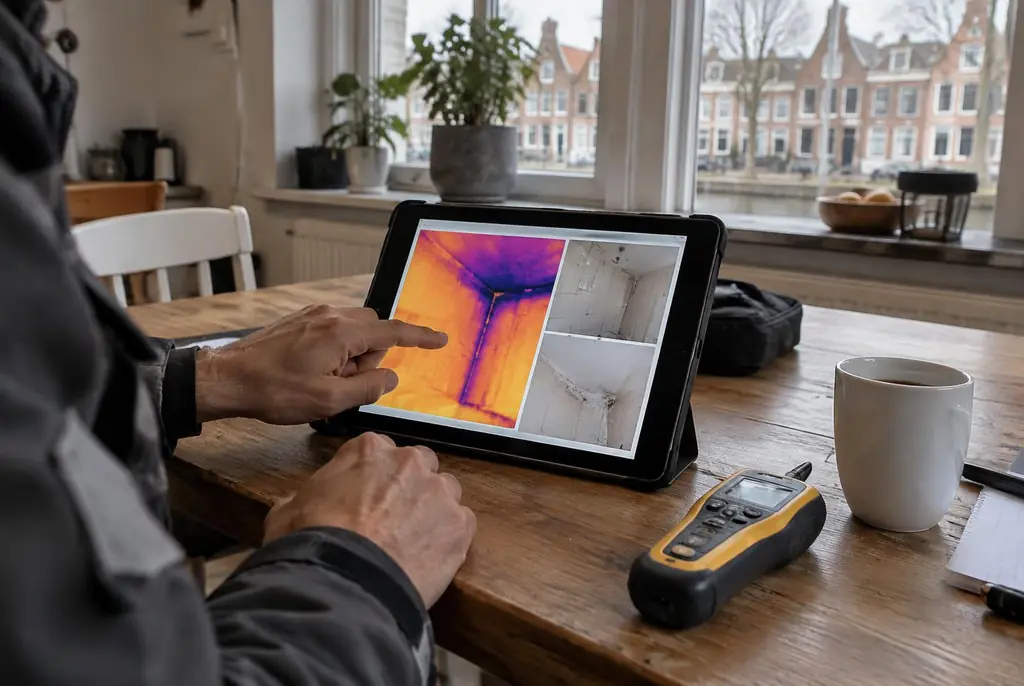 Lekdetectie Waddinxveen – lekdetectierapport met warmtebeelden en foto's op een tablet