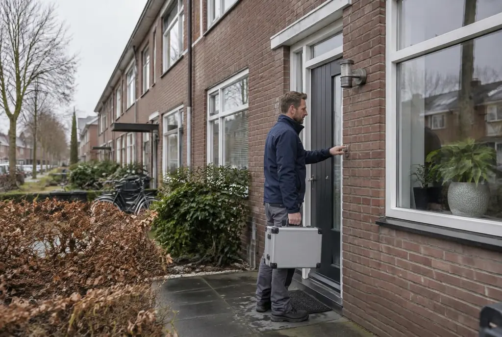 Lekdetectiespecialist met meetkoffer bij de voordeur van een woning in Waddinxveen
